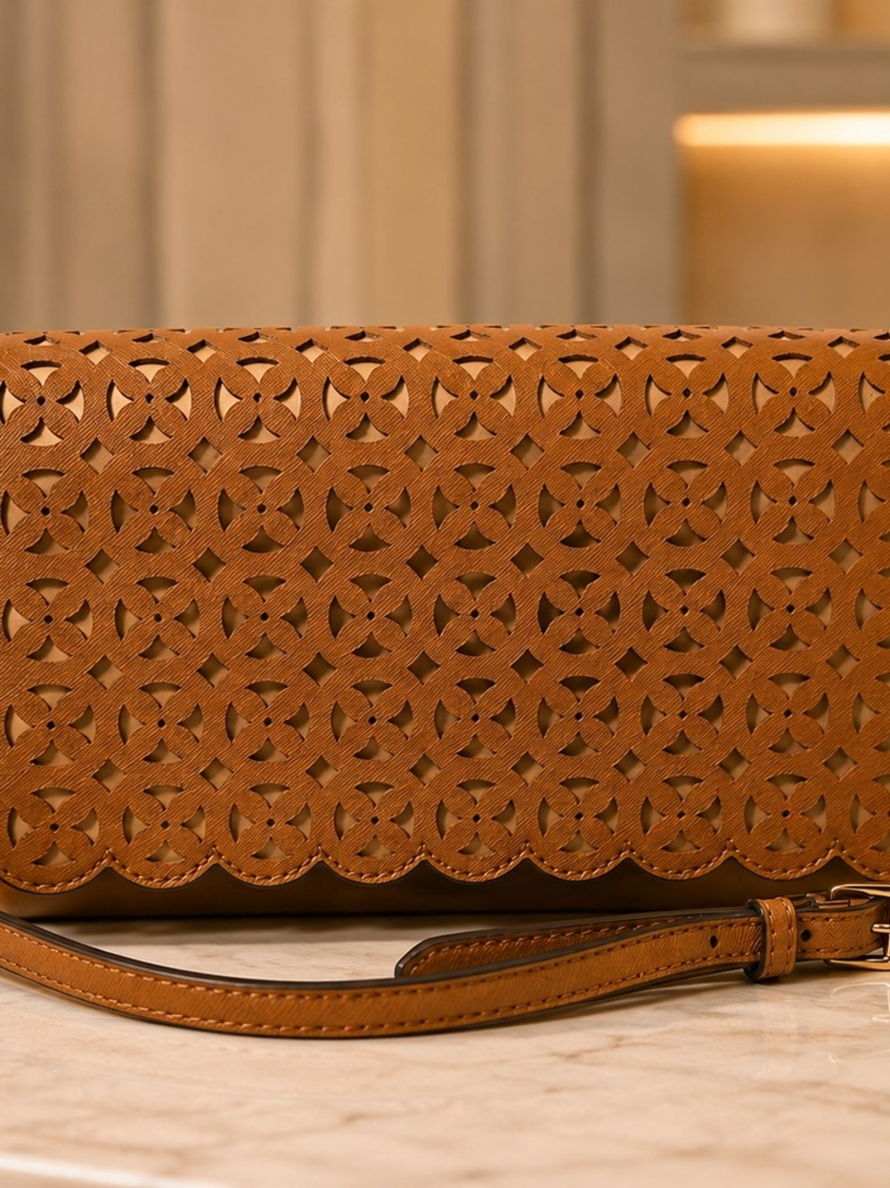 Michael Kors Tan Laser-Cut Leather Clutch with Scalloped Edge